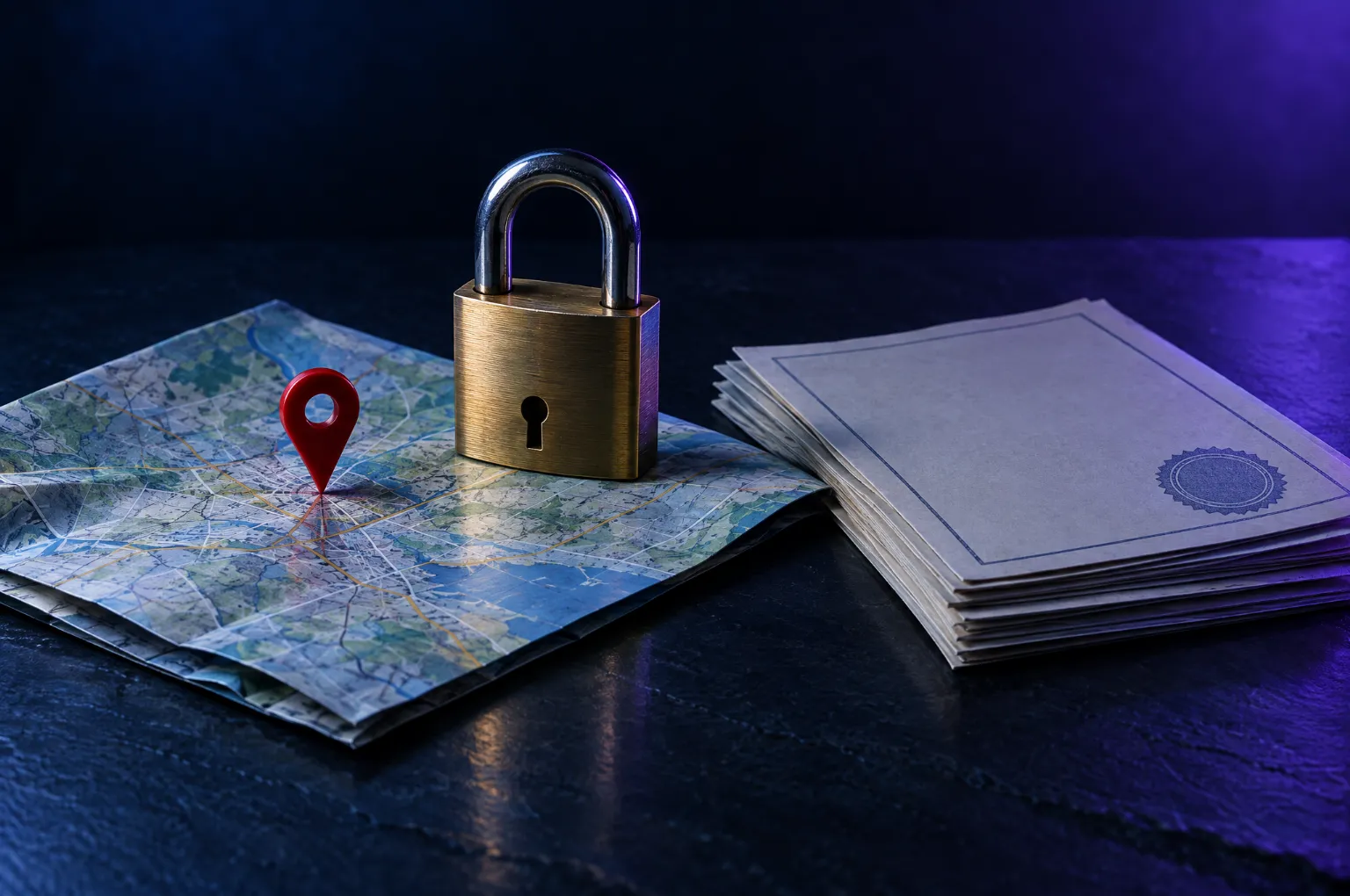 Brass padlock on a folded map with a red location pin next to a small stack of documents, symbolising a suspended Google Business Profile