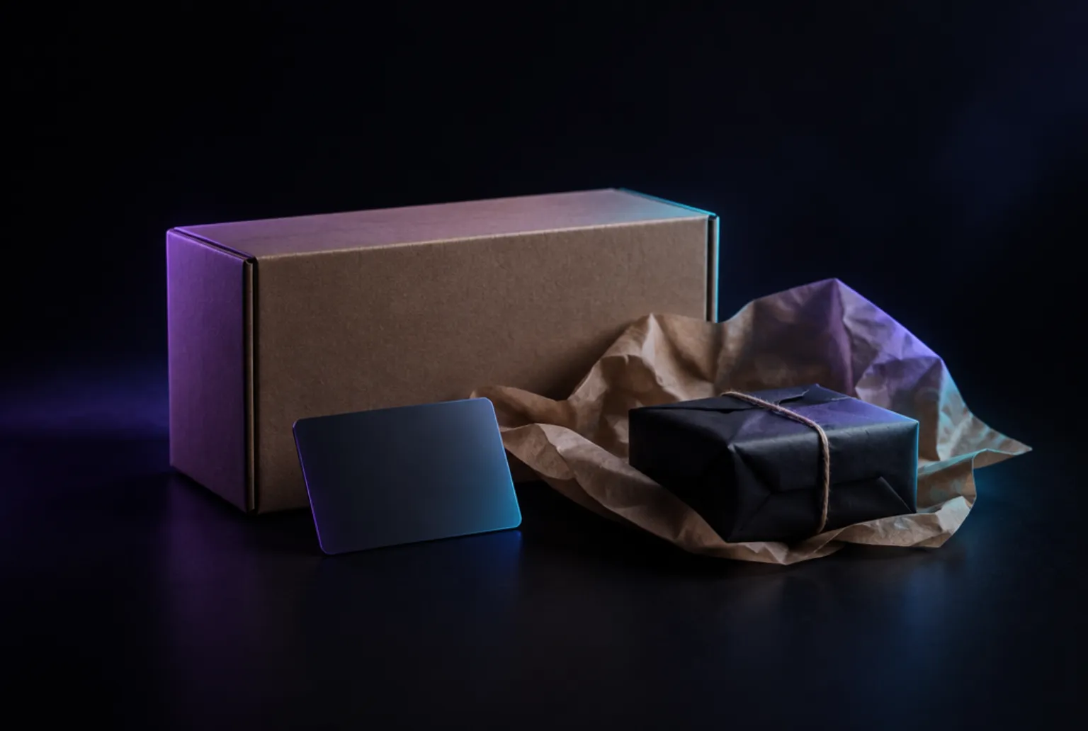 Verzenddoos, inpakpapier en betaalkaart in donker studiolicht