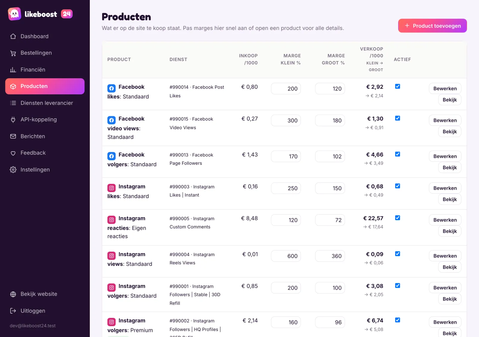 The admin panel: per product the cost, the margin and what it sells for on the site