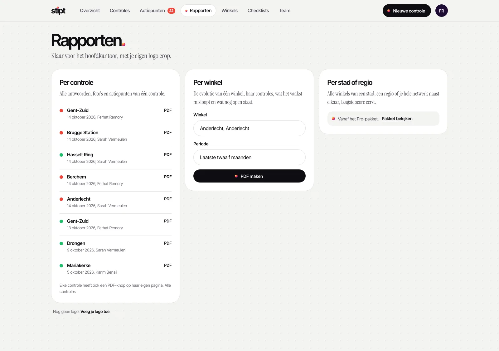 The reports page, with a PDF per inspection, per shop and per city